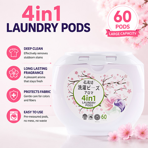 Sakura-4 in 1 OEM Factory price Biodegradable Laundry Detergent Pods Stain & Odor Busters Powerful Stain Laundry Pods