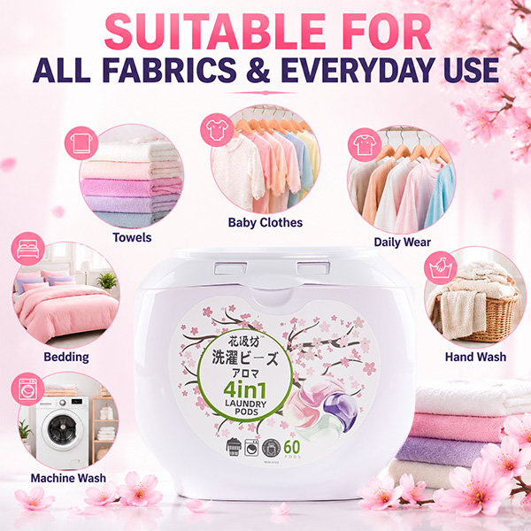 Sakura-4 in 1 OEM Factory price Biodegradable Laundry Detergent Pods Stain & Odor Busters Powerful Stain Laundry Pods